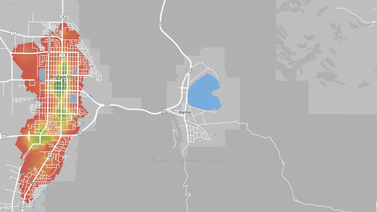 Walk Grade map of Mantua, UT, walkable areas in green and car-dependent areas in red