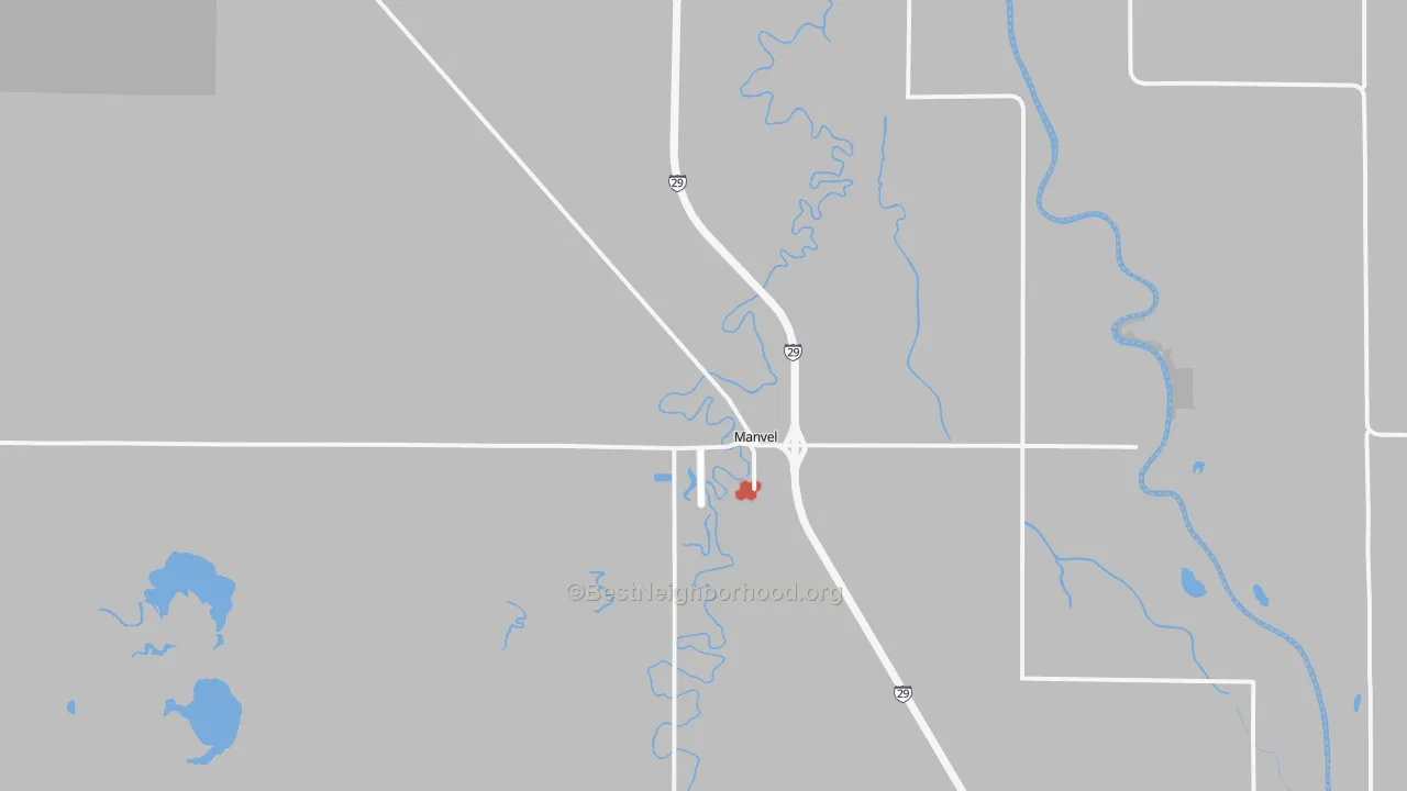 Walk Grade map of Manvel, ND, walkable areas in green and car-dependent areas in red