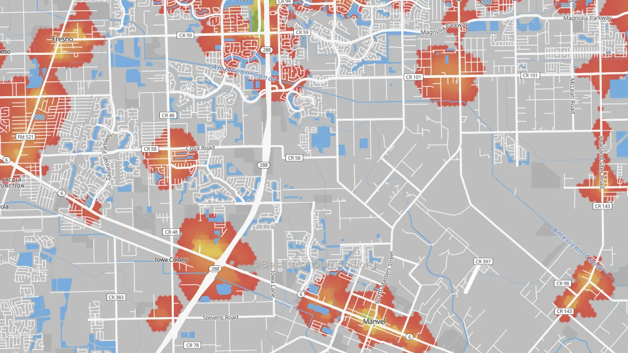 Walk Grade map of Manvel, TX, walkable areas in green and car-dependent areas in red