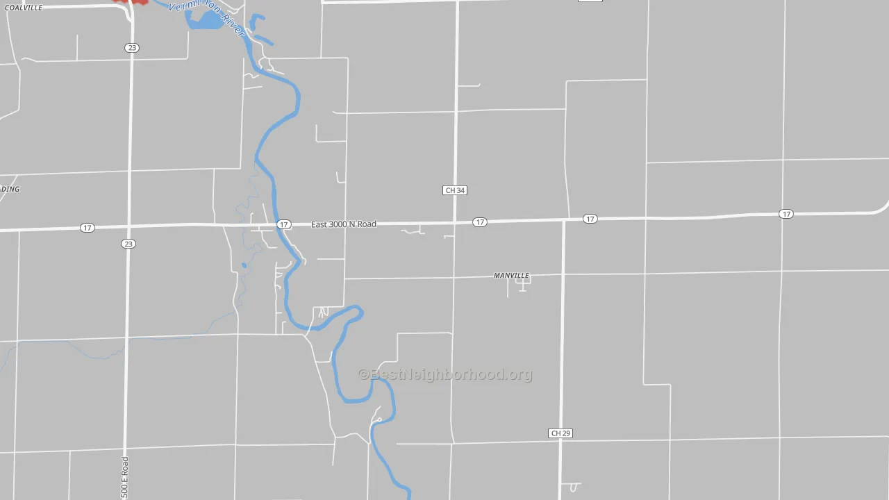 Walk Grade map of Manville, IL, walkable areas in green and car-dependent areas in red