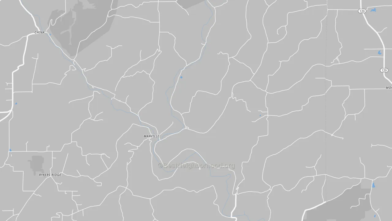 Walk Grade map of Manville, IN, walkable areas in green and car-dependent areas in red