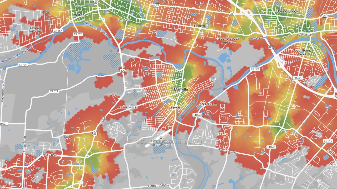 Walk Grade map of Manville, NJ, walkable areas in green and car-dependent areas in red