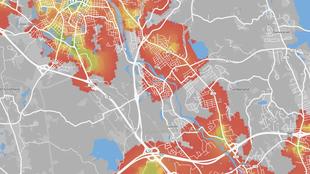 Walk Grade map of Manville, RI, walkable areas in green and car-dependent areas in red