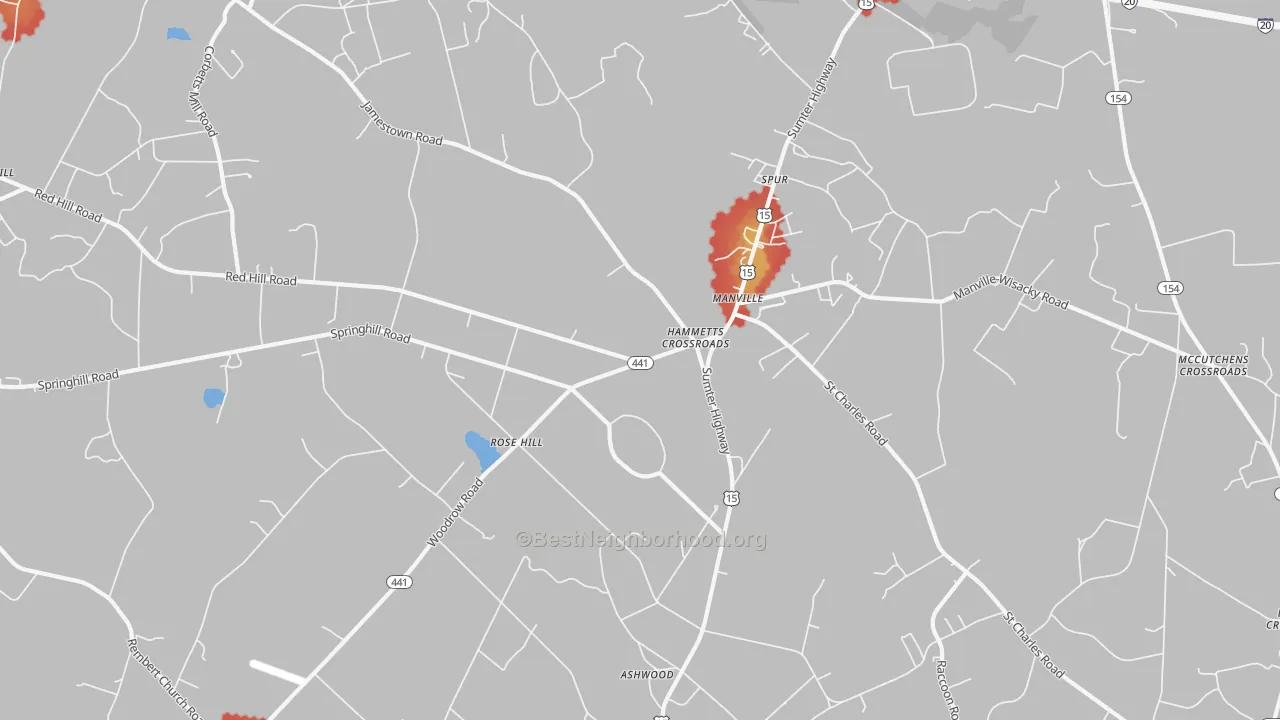 Walk Grade map of Manville, SC, walkable areas in green and car-dependent areas in red