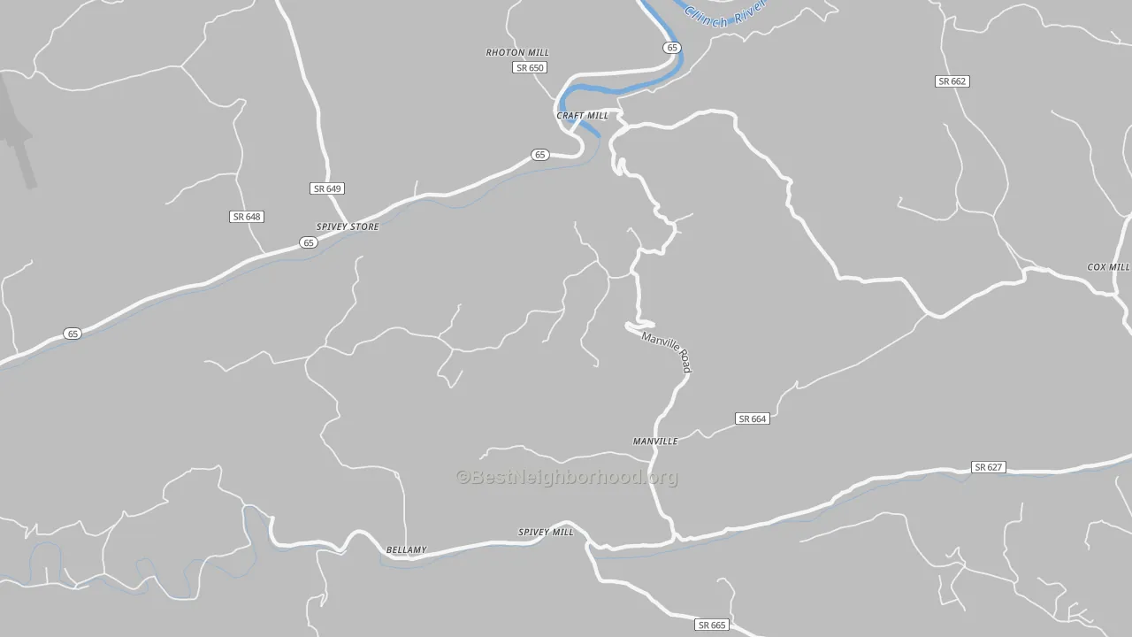 Walk Grade map of Manville, VA, walkable areas in green and car-dependent areas in red