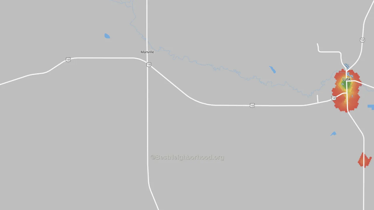Walk Grade map of Manville, WY, walkable areas in green and car-dependent areas in red