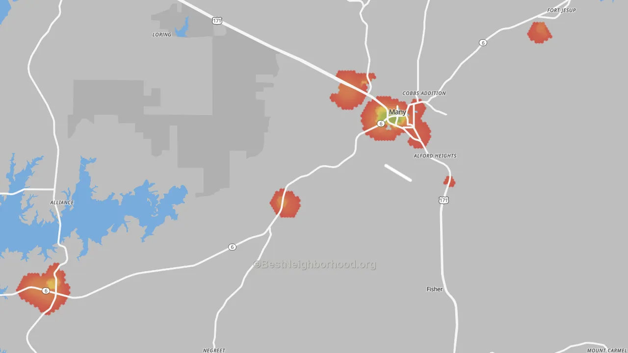 Walk Grade map of Many, LA, walkable areas in green and car-dependent areas in red