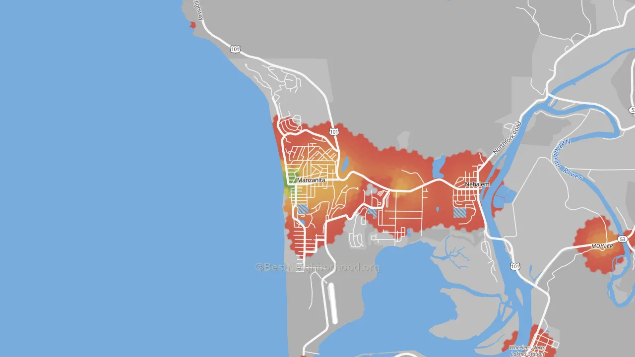 Walk Grade map of Manzanita, OR, walkable areas in green and car-dependent areas in red
