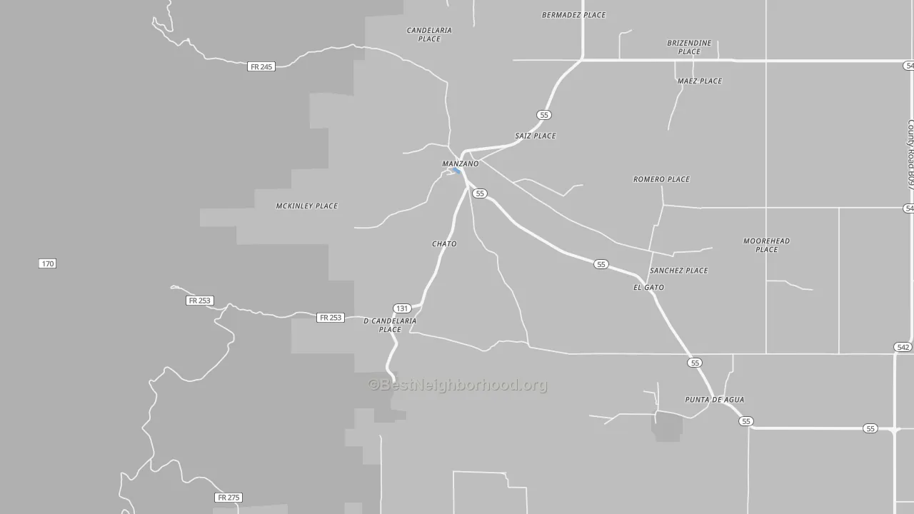 Walk Grade map of Manzano, NM, walkable areas in green and car-dependent areas in red