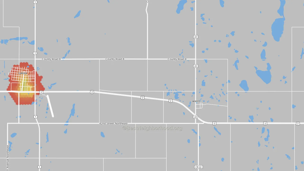 Walk Grade map of Mapes, ND, walkable areas in green and car-dependent areas in red