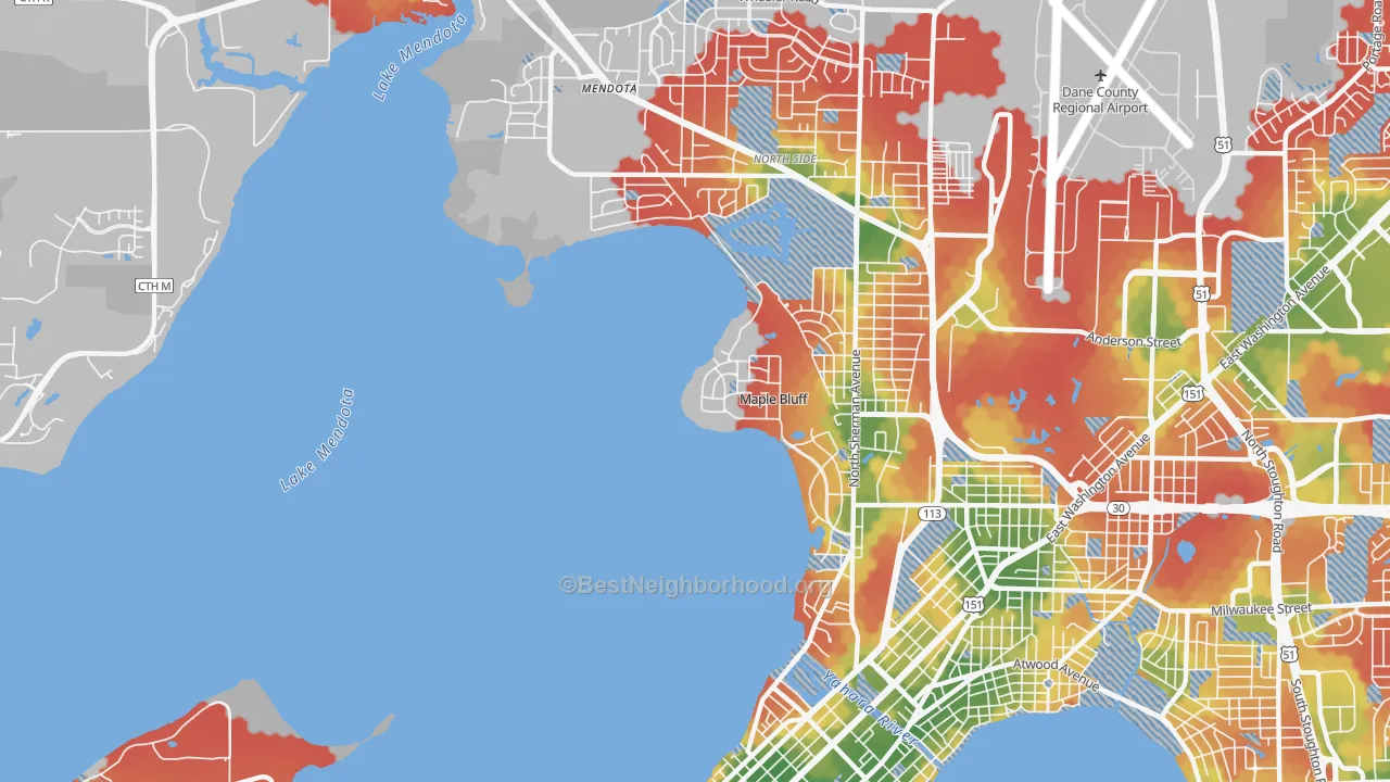 Walk Grade map of Maple Bluff, WI, walkable areas in green and car-dependent areas in red