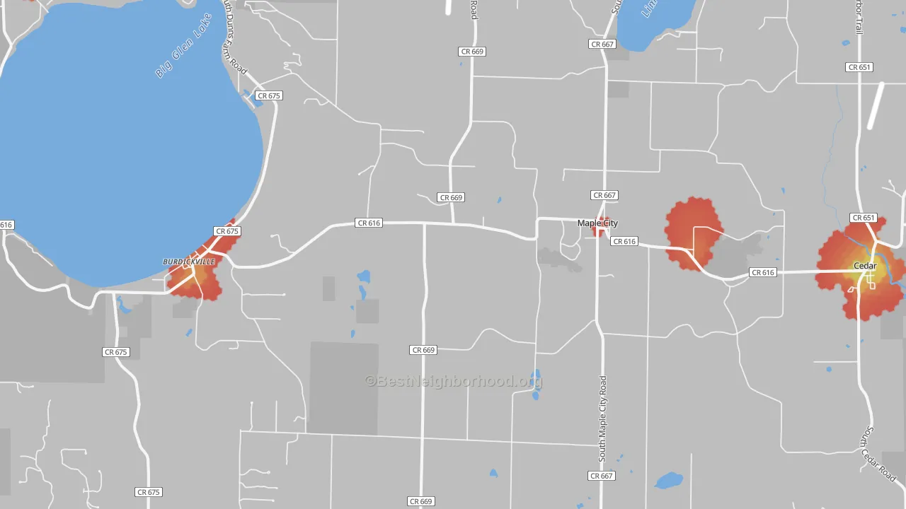 Walk Grade map of Maple City, MI, walkable areas in green and car-dependent areas in red