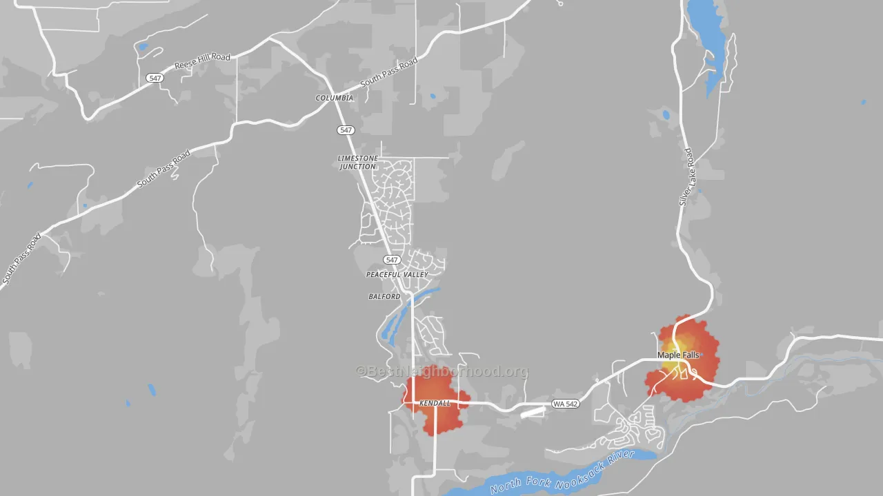 Walk Grade map of Maple Falls, WA, walkable areas in green and car-dependent areas in red