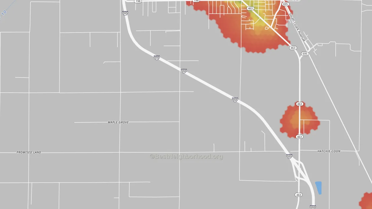 Walk Grade map of Maple Grove, AR, walkable areas in green and car-dependent areas in red