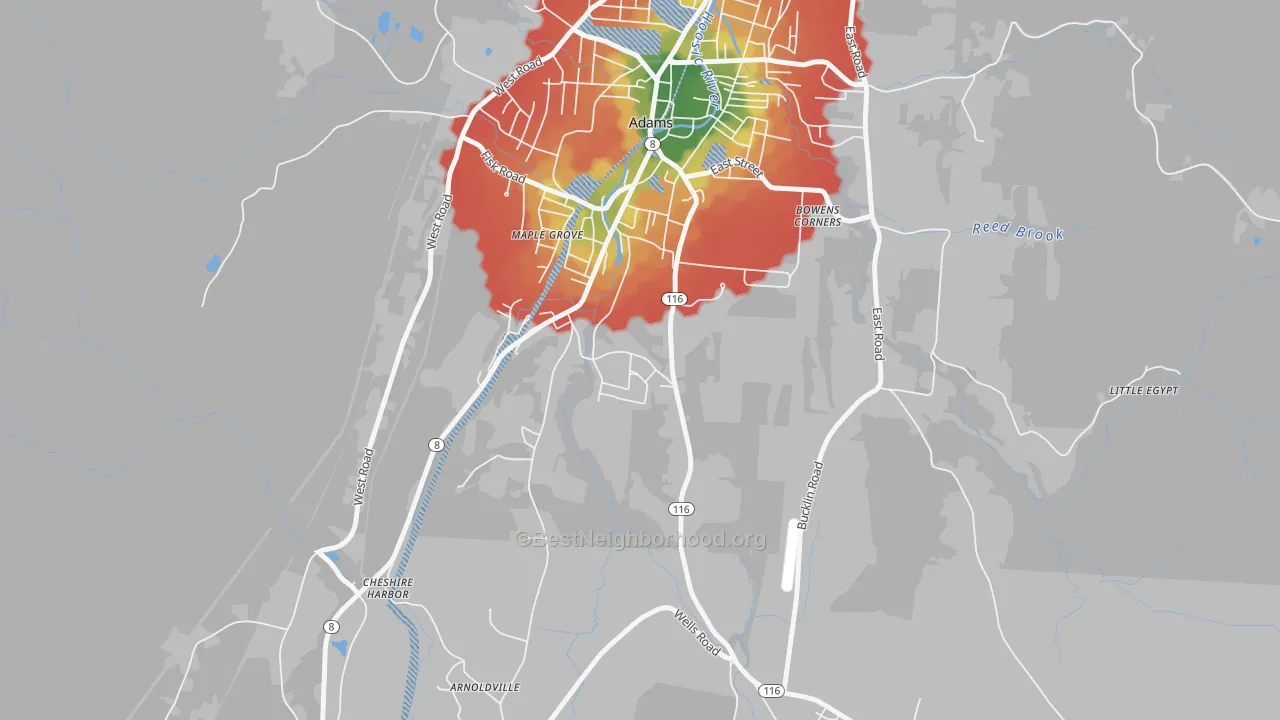 Walk Grade map of Maple Grove, MA, walkable areas in green and car-dependent areas in red