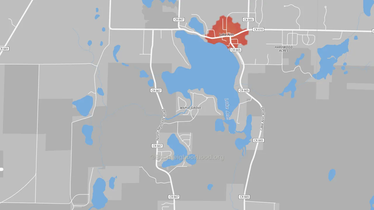 Walk Grade map of Maple Grove, MI, walkable areas in green and car-dependent areas in red