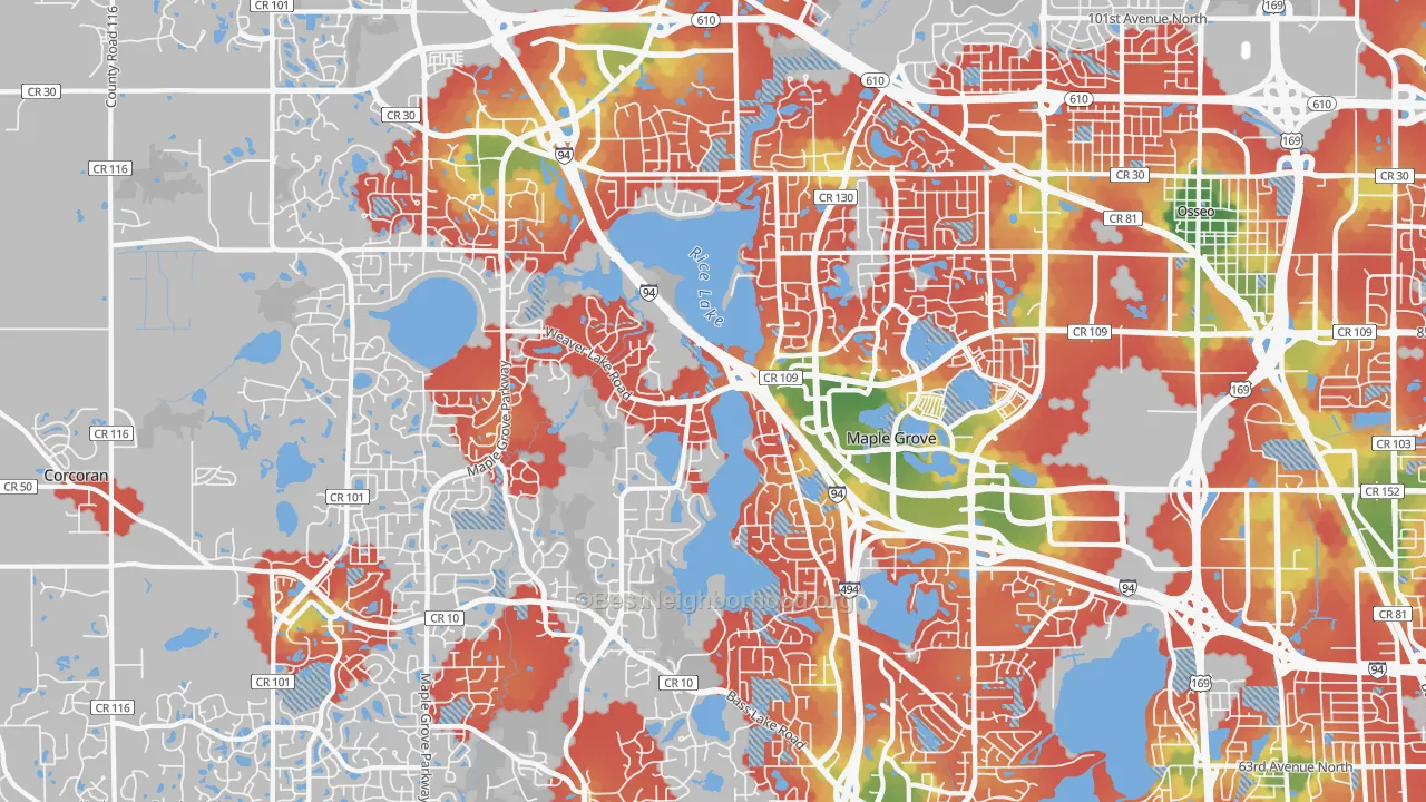Walk Grade map of Maple Grove, MN, walkable areas in green and car-dependent areas in red