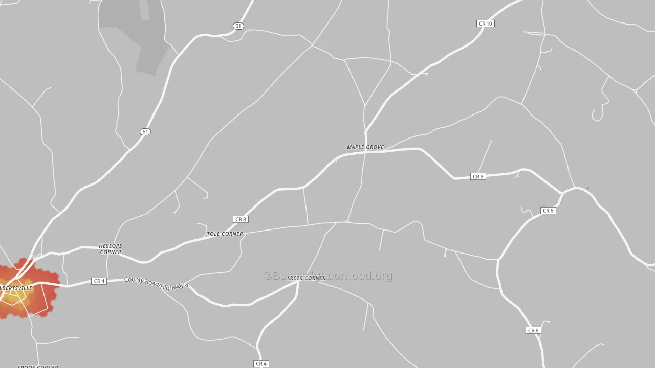Walk Grade map of Maple Grove, NY, walkable areas in green and car-dependent areas in red