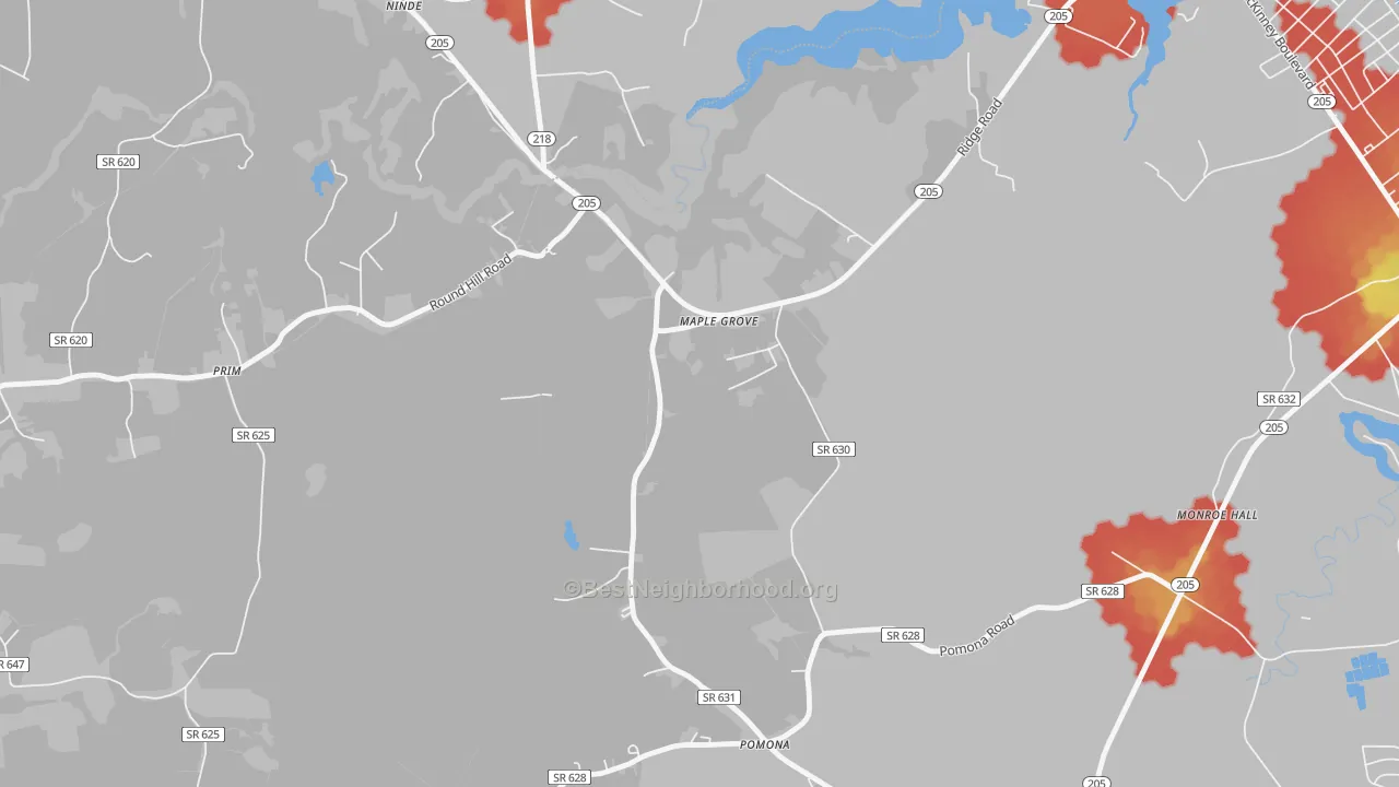 Walk Grade map of Maple Grove, VA, walkable areas in green and car-dependent areas in red