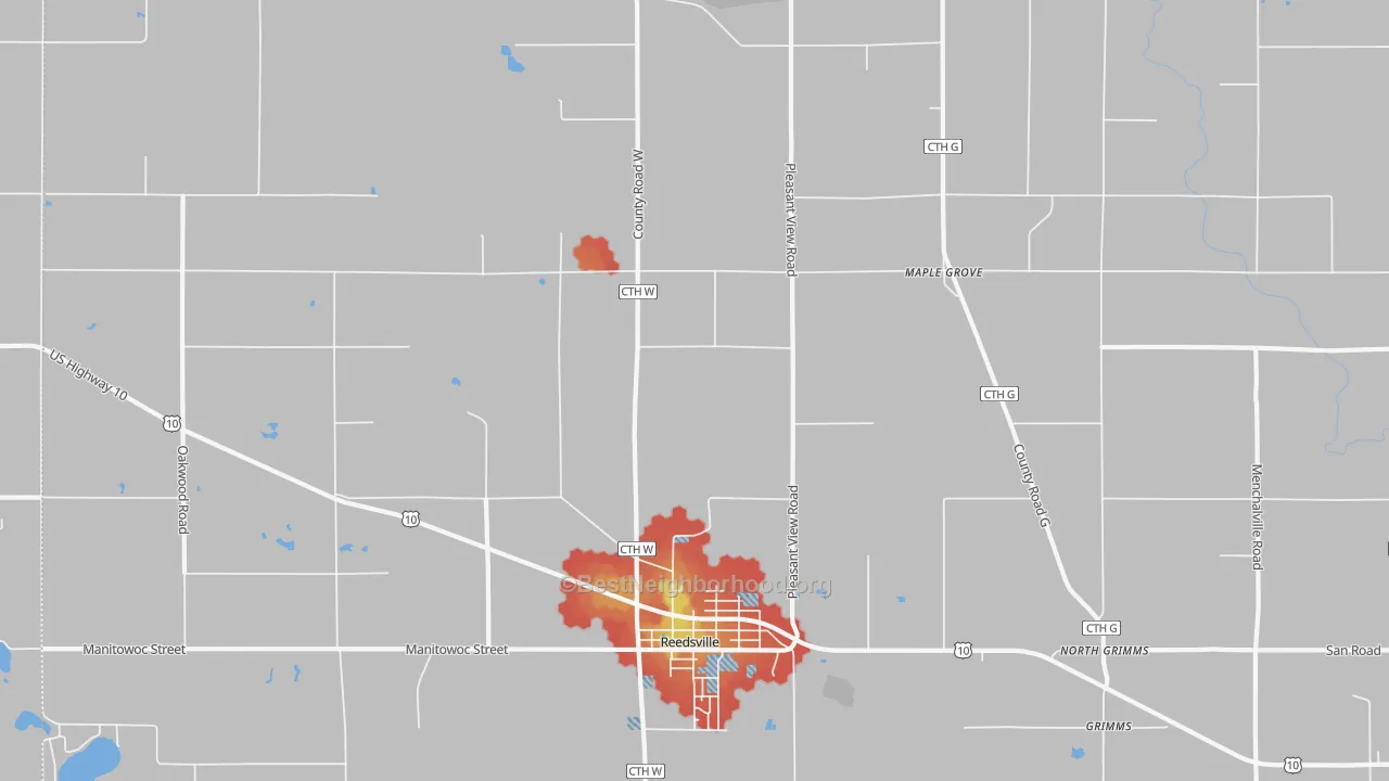 Walk Grade map of Maple Grove, WI, walkable areas in green and car-dependent areas in red