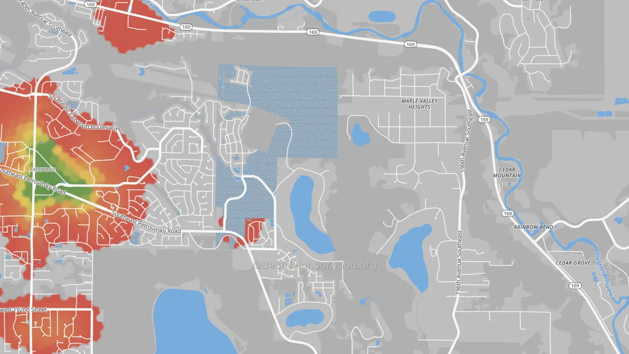 Walk Grade map of Maple Heights-Lake Desire, Renton, WA, walkable areas in green and car-dependent areas in red