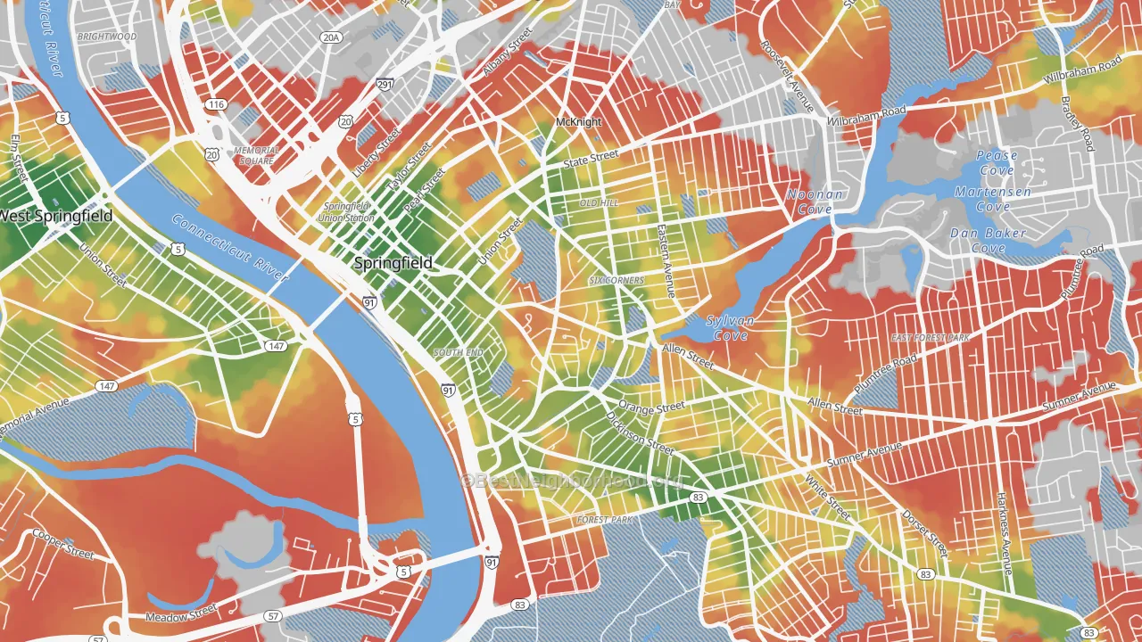 Walk Grade map of Maple High-Six Corners, Springfield, MA, walkable areas in green and car-dependent areas in red