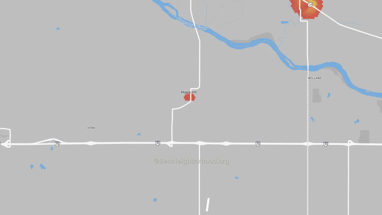 Walk Grade map of Maple Hill, KS, walkable areas in green and car-dependent areas in red