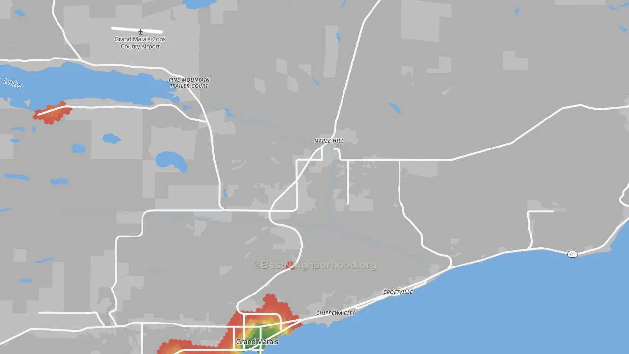 Walk Grade map of Maple Hill, MN, walkable areas in green and car-dependent areas in red