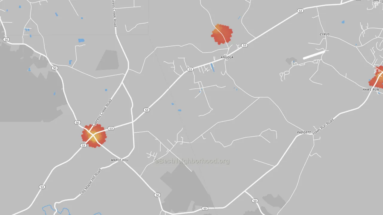 Walk Grade map of Maple Hill, NC, walkable areas in green and car-dependent areas in red