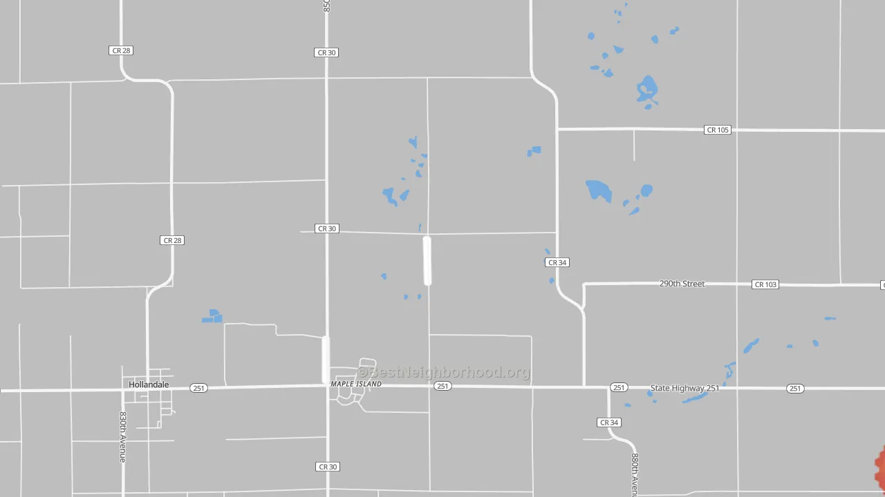 Walk Grade map of Maple Island, MN, walkable areas in green and car-dependent areas in red