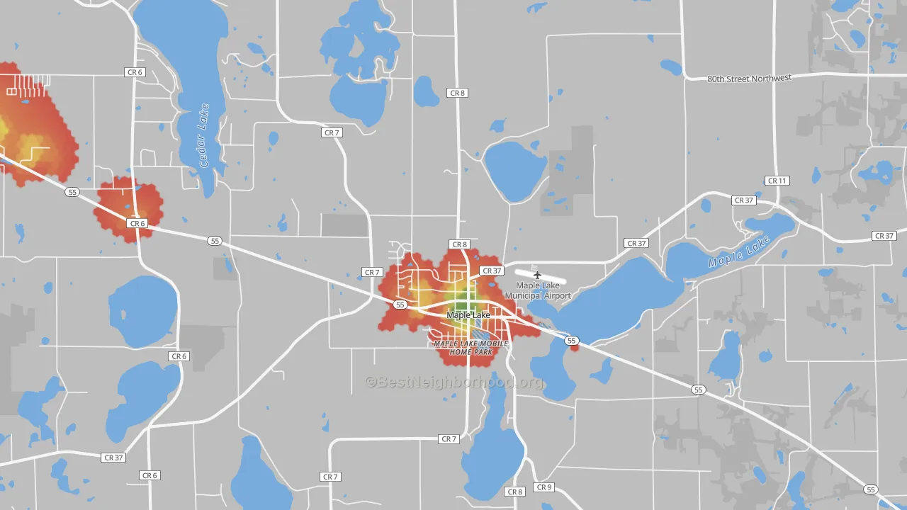 Walk Grade map of Maple Lake, MN, walkable areas in green and car-dependent areas in red