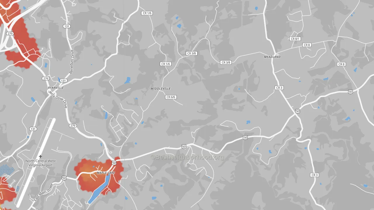 Walk Grade map of Maple Lake, WV, walkable areas in green and car-dependent areas in red