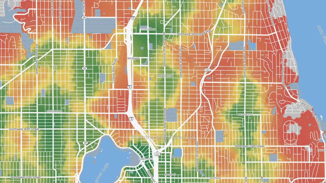 Walk Grade map of Maple Leaf, Seattle, WA, walkable areas in green and car-dependent areas in red