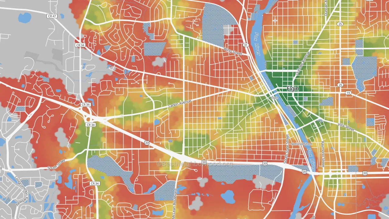 Walk Grade map of Maple Manor, Elgin, IL, walkable areas in green and car-dependent areas in red