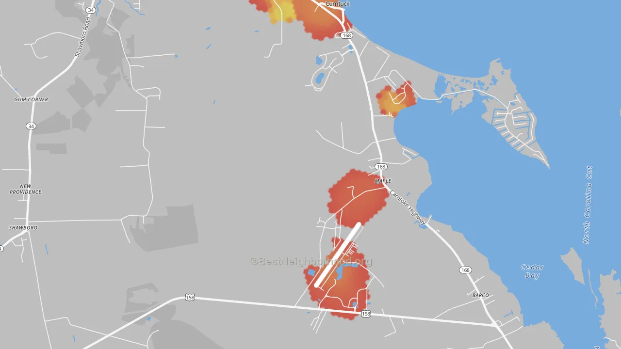 Walk Grade map of Maple, NC, walkable areas in green and car-dependent areas in red
