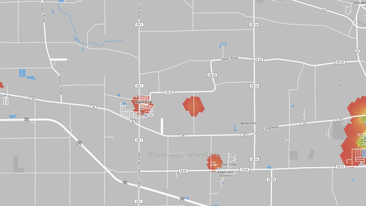 Walk Grade map of Maple Park, IL, walkable areas in green and car-dependent areas in red
