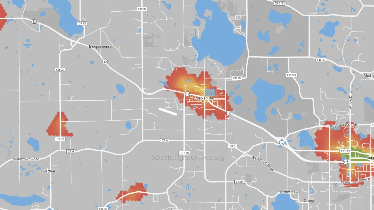Walk Grade map of Maple Plain, MN, walkable areas in green and car-dependent areas in red