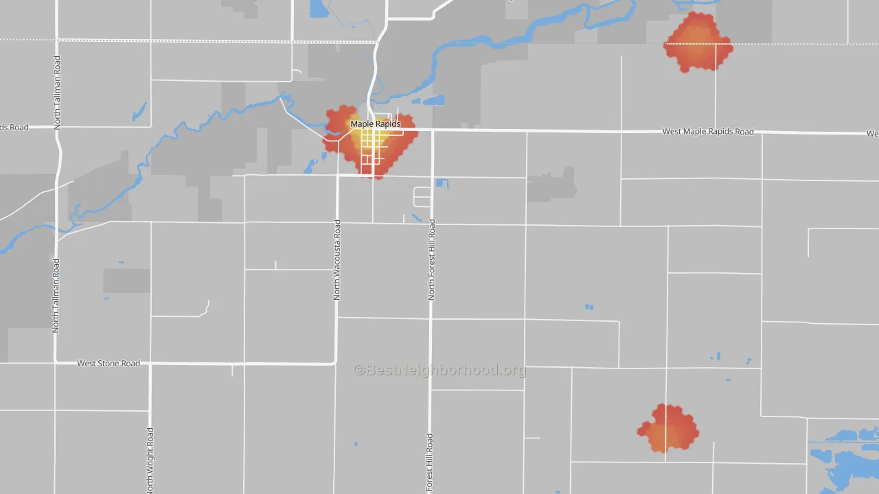 Walk Grade map of Maple Rapids, MI, walkable areas in green and car-dependent areas in red