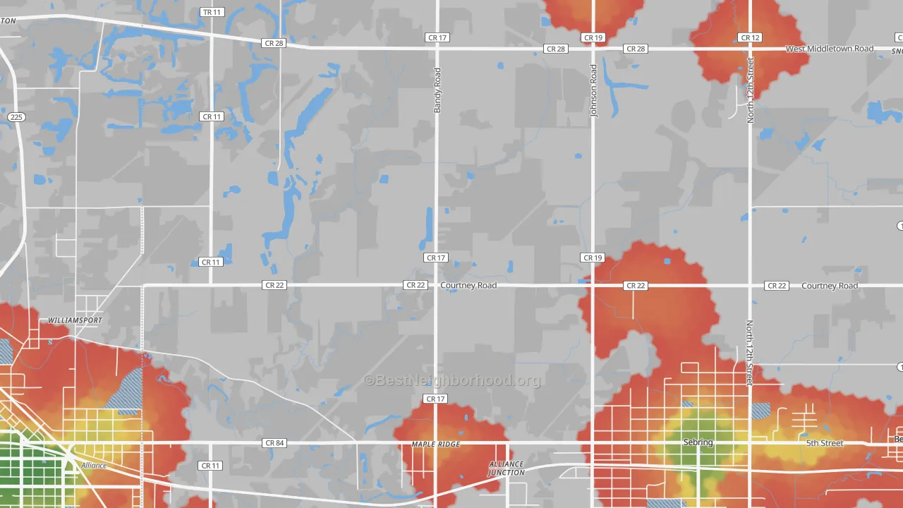 Walk Grade map of Maple Ridge, OH, walkable areas in green and car-dependent areas in red