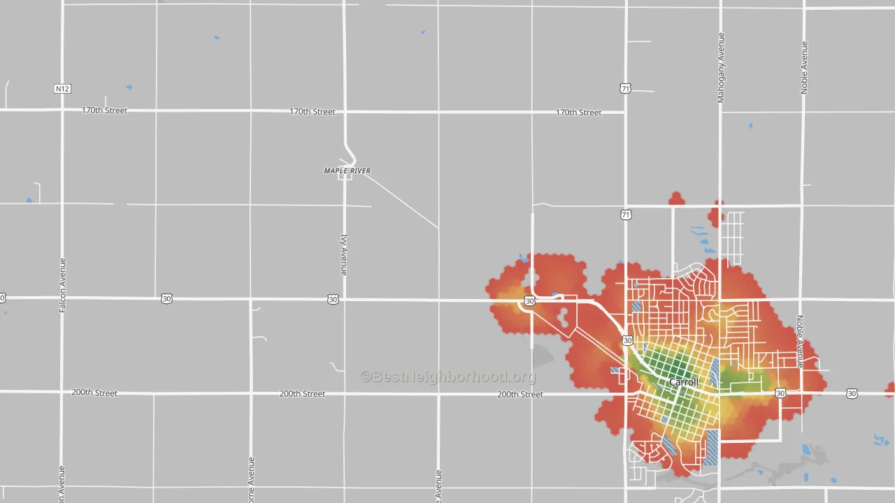 Walk Grade map of Maple River, IA, walkable areas in green and car-dependent areas in red