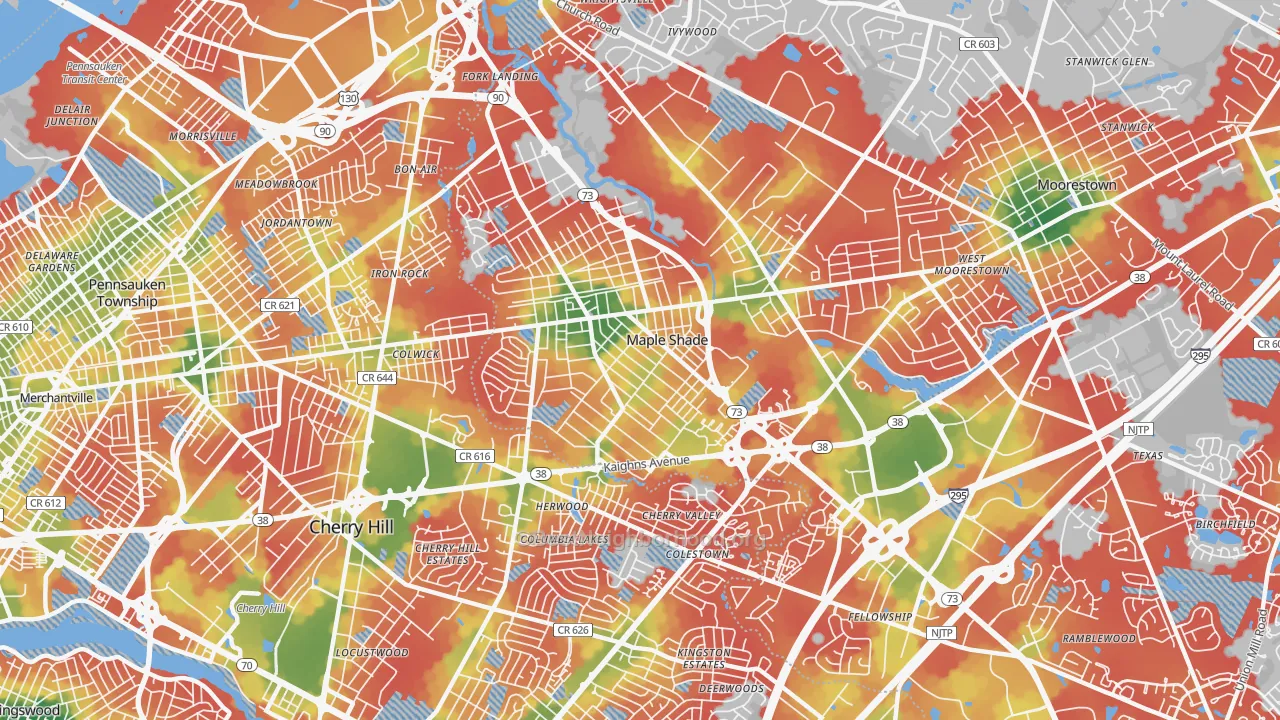 Walk Grade map of Maple Shade, NJ, walkable areas in green and car-dependent areas in red