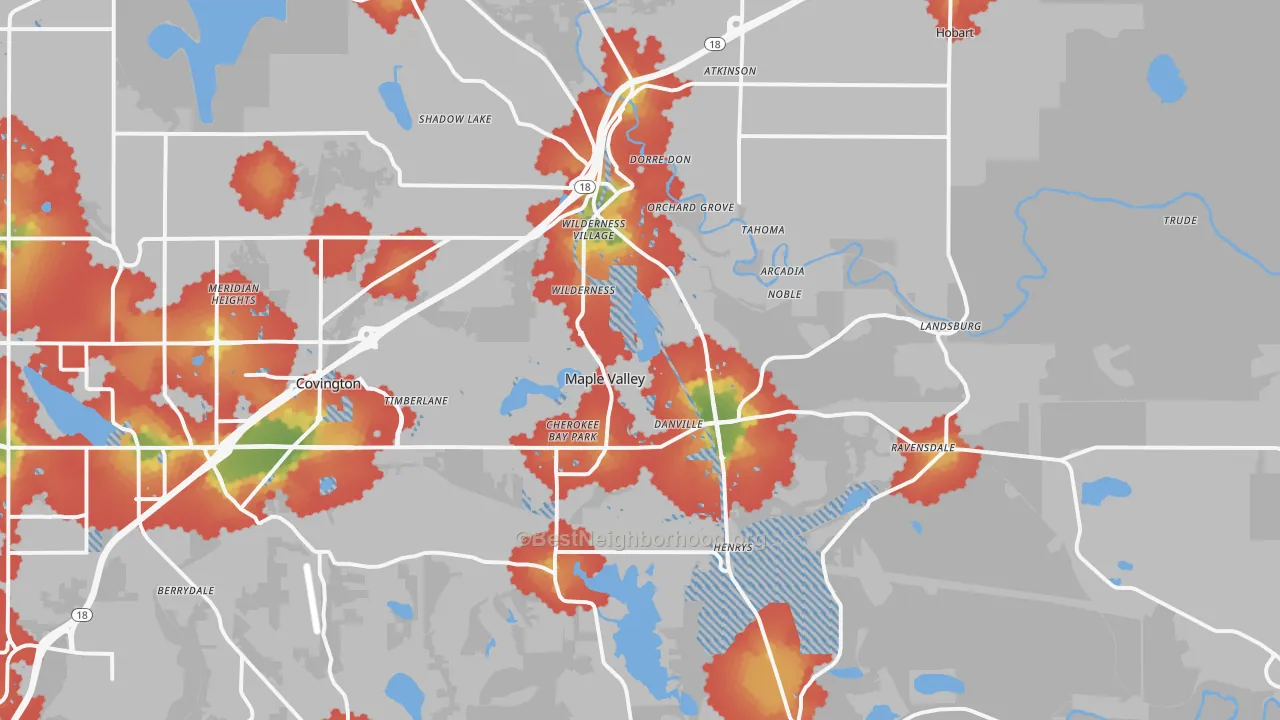 Walk Grade map of Maple Valley, WA, walkable areas in green and car-dependent areas in red