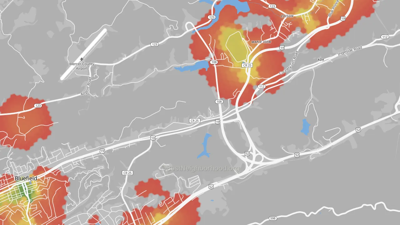 Walk Grade map of Maple View, WV, walkable areas in green and car-dependent areas in red