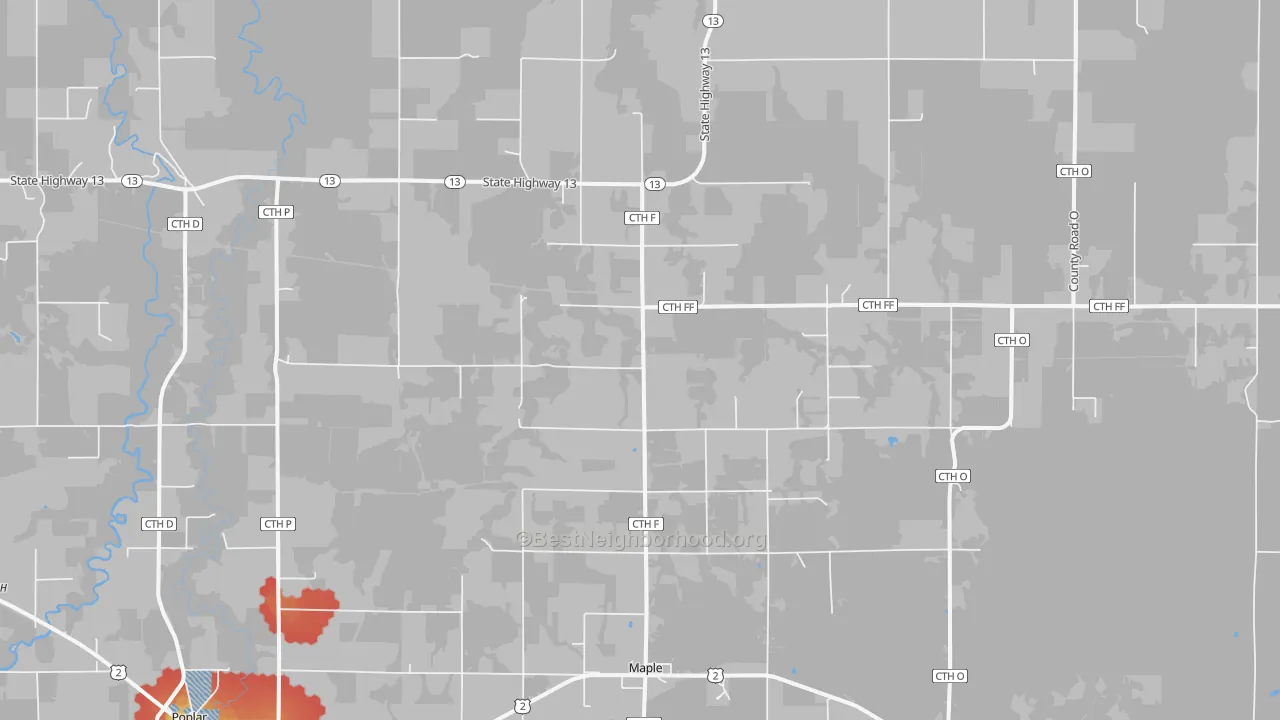 Walk Grade map of Maple, WI, walkable areas in green and car-dependent areas in red