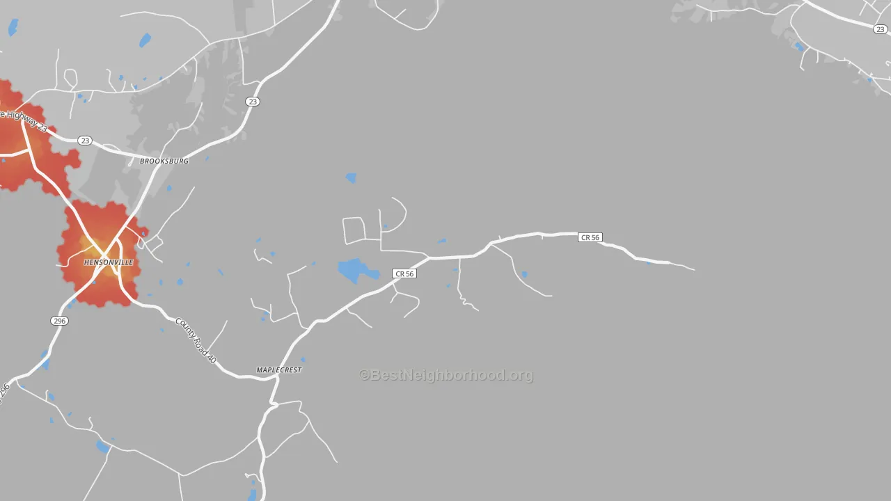 Walk Grade map of Maplecrest, NY, walkable areas in green and car-dependent areas in red