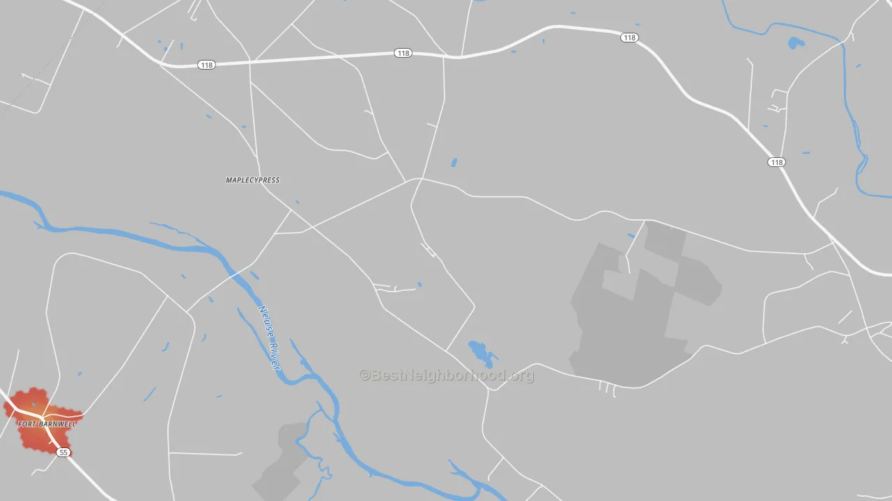 Walk Grade map of Maplecypress, NC, walkable areas in green and car-dependent areas in red