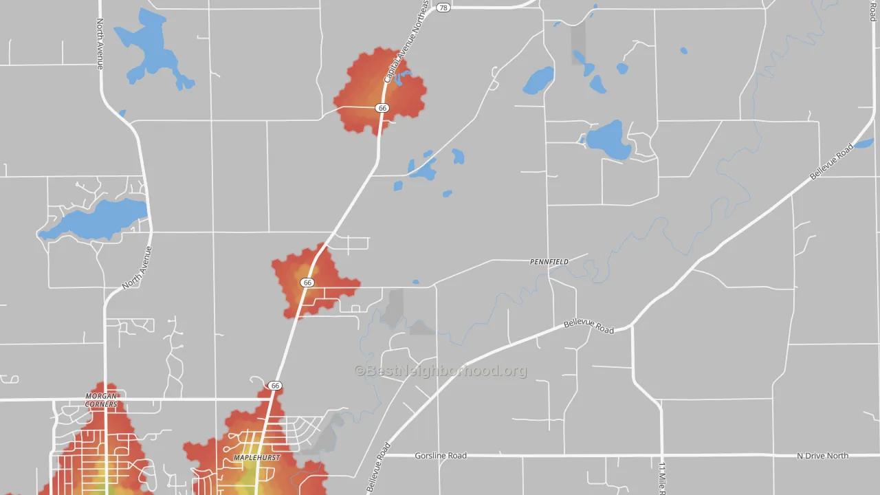 Walk Grade map of Maplehurst, MI, walkable areas in green and car-dependent areas in red