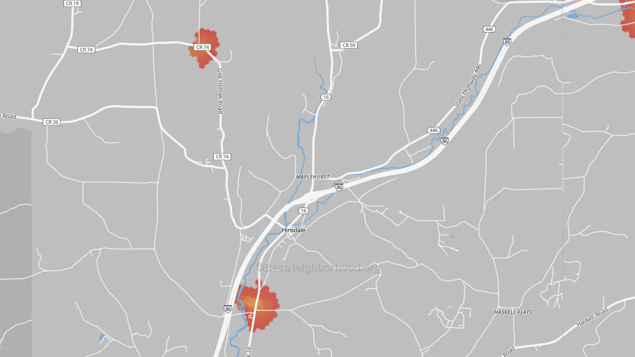 Walk Grade map of Maplehurst, NY, walkable areas in green and car-dependent areas in red