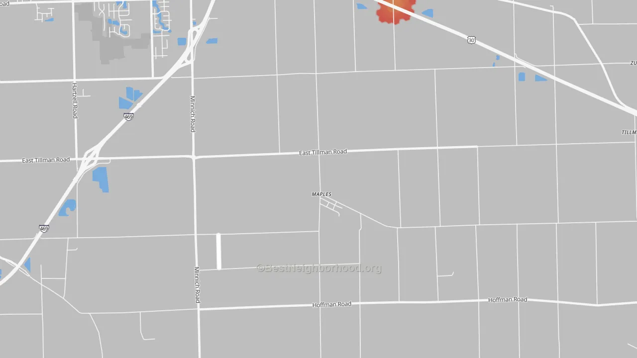 Walk Grade map of Maples, IN, walkable areas in green and car-dependent areas in red