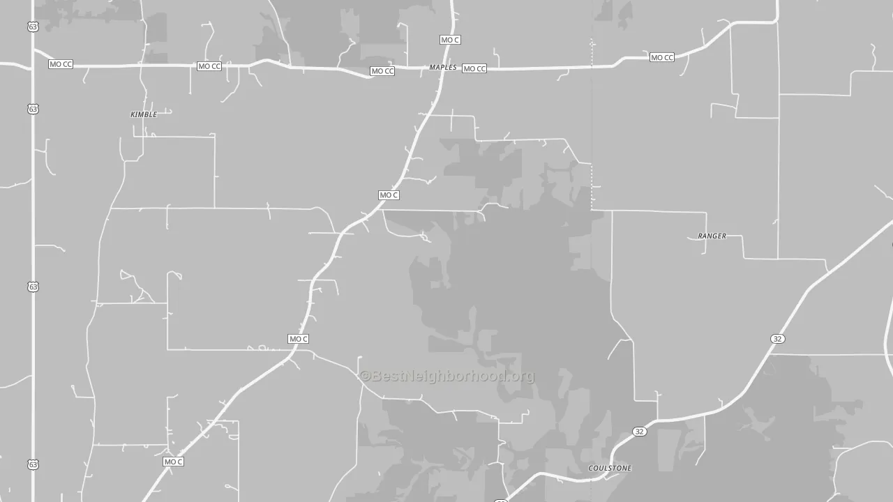 Walk Grade map of Maples, MO, walkable areas in green and car-dependent areas in red